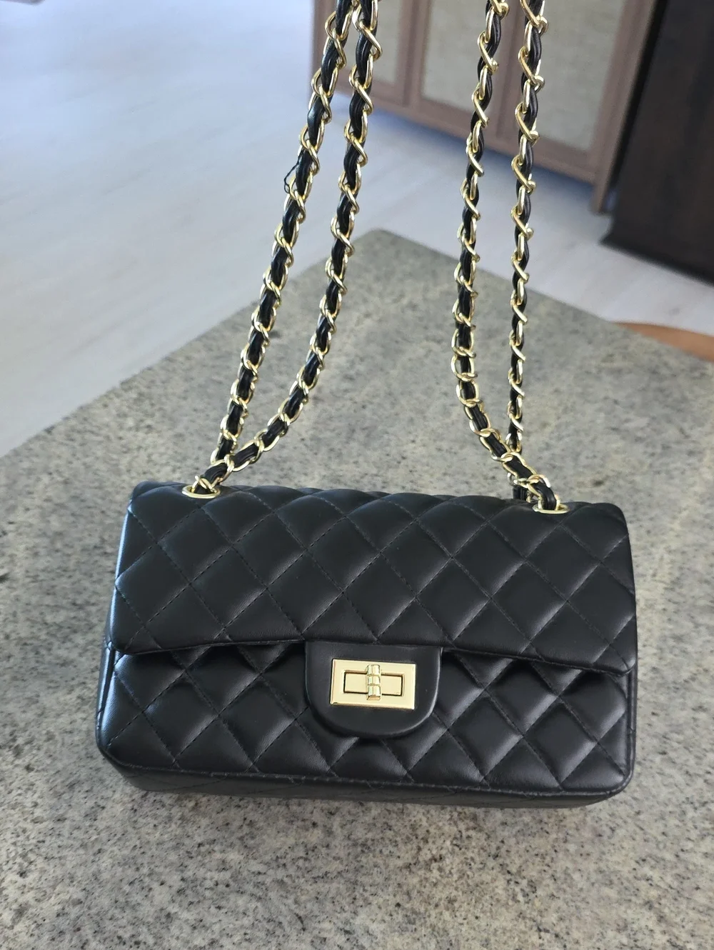 Classic Quilted Black Faux Leather Shoulder Bag with Gold Chain
